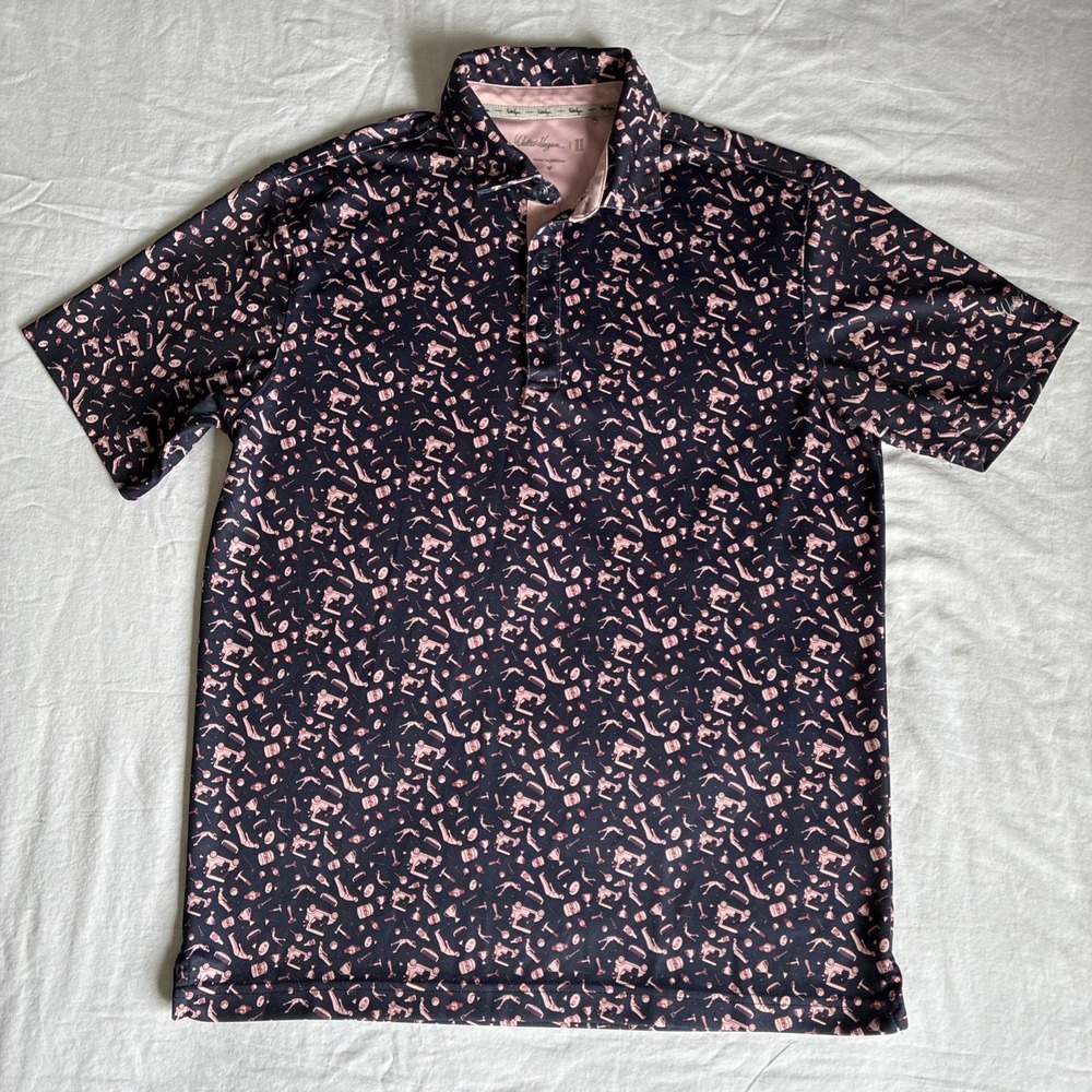 Walter Hagen navy polo shirt with pink abstract golf pattern. Size Medium